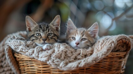 A pair of kittens snuggling together in a cozy wicker basket with a soft blanket.