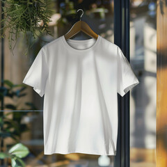 Product mockup photography | GENRE: Fashion | EMOTION: Stylish | SCENE: high-quality white blank t-shirt bella canvas 3001 Hang on the wall positioned for mockup design