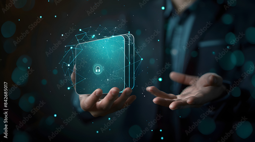 Poster businessman holding a virtual folder and document icon with a circle. representing a data transfer c