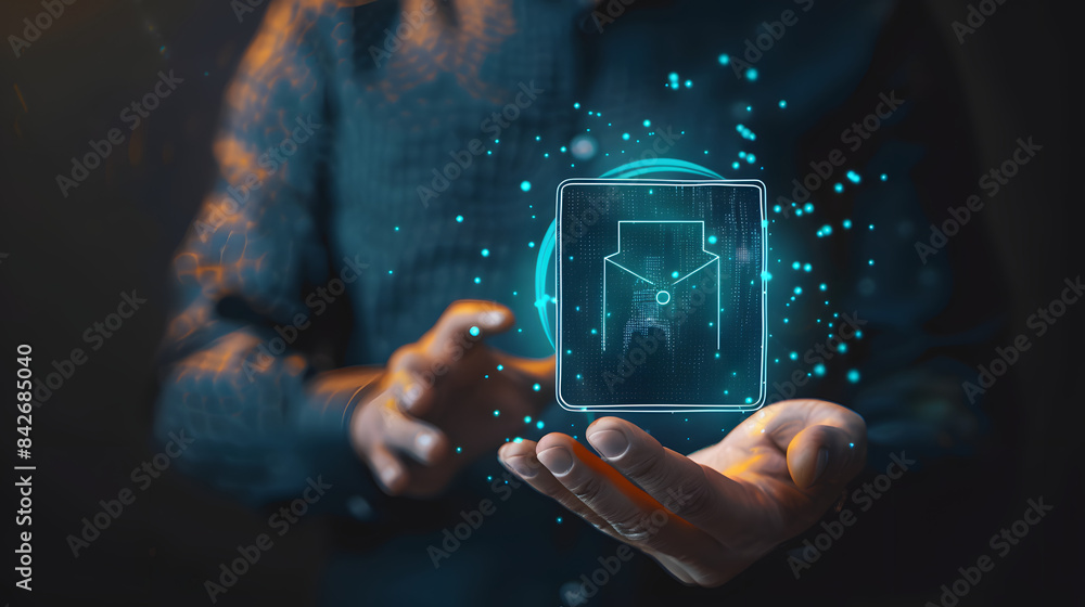 Poster businessman holding a virtual folder and document icon with a circle. representing a data transfer c