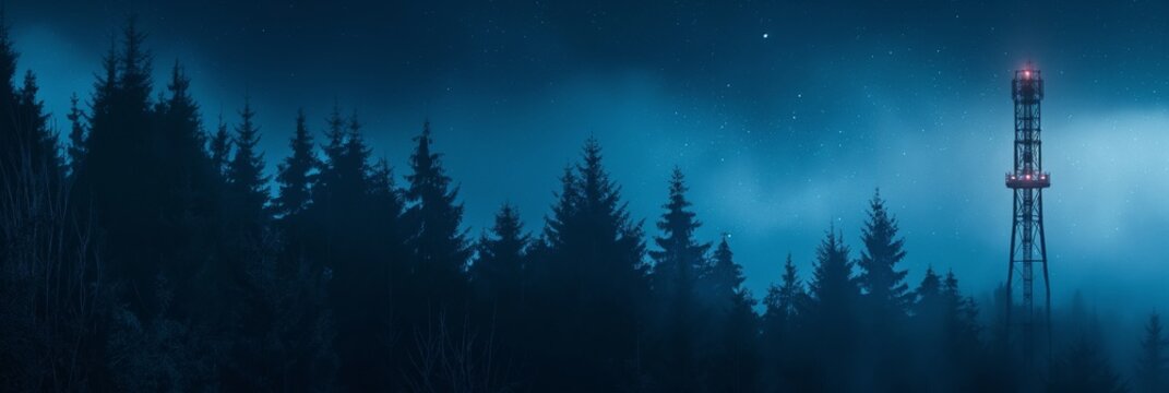 A dramatic shot of a tall communication tower glowing with red lights at night amidst a dark forest, signifying technology's incursion into natural, remote areas.
