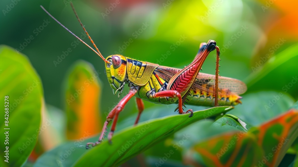 Poster a vibrant grasshopper perched on a green leaf, ready to leap into action.