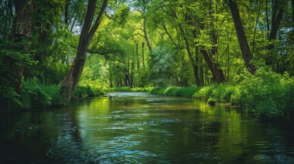A vibrant image of a river in a nature reserve with trees lining both banks to create a cozy ambiance