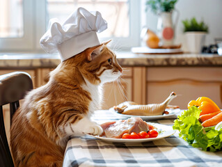 A cute cat in a chef's hat sits in front of a plate of meat. Artificial intelligence. 