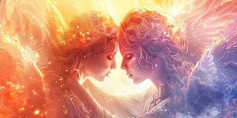 Celestial Embrace: Angels Sharing a Moment of Divine Love - Angels enveloped in radiant light, their expressions serene as they share a loving embrace, conveying the pure and unconditional love of the