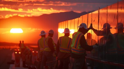 As the sun sets behind them a group of workers puts the finishing touches on the last sound barrier panel completing their weekslong installation project.