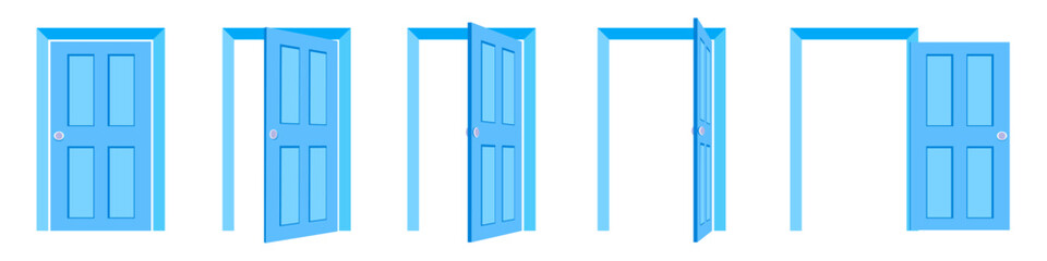 Door icons. Open door sequence. Cartoon style of entrance and exit through door.Open, close and ajar door.