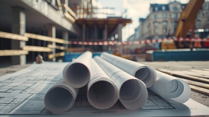 A set of rolled blueprints stands like pillars on a work table visible from a distance amidst the busy activity of a construction zone.