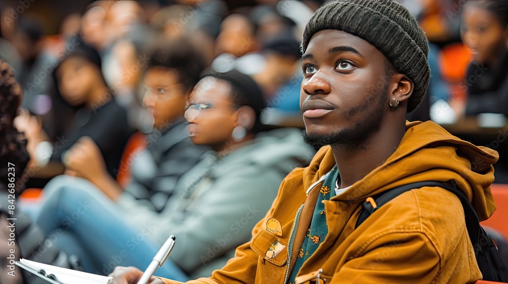 Aufkleber a man in a brown jacket is sitting in a classroom with other students. he is looking at the camera w