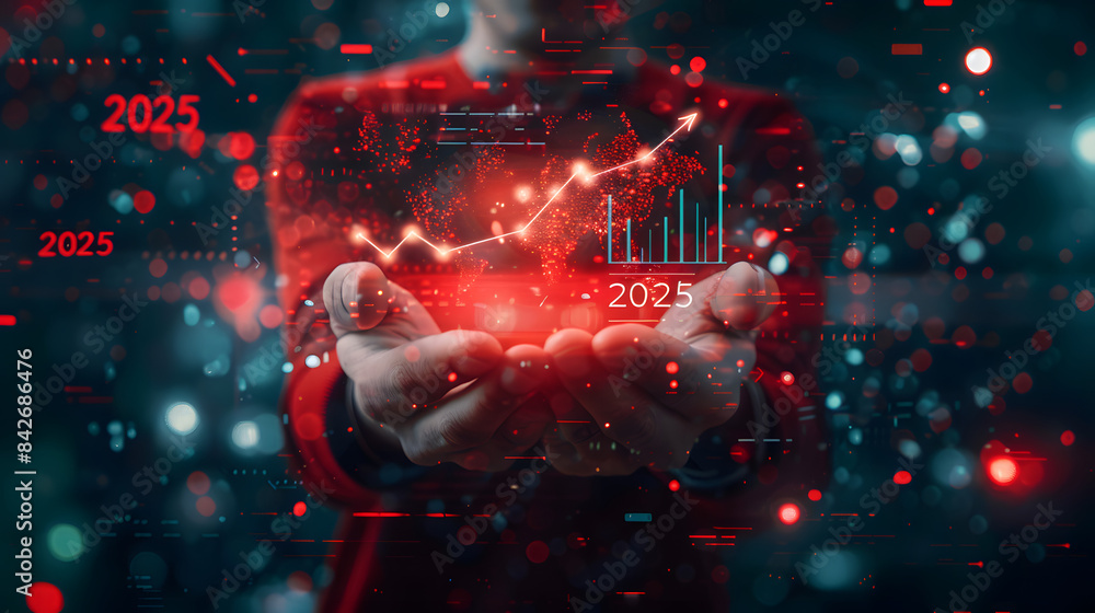 Poster businessman holding a virtual hologram icon of a growth graph and arrow up with the text 2025