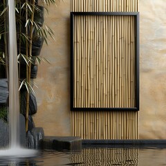 Simple black frame against a bamboo wall in a Zen style 3D wall frame mockup, tranquil room.