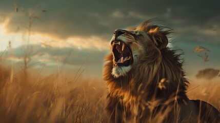 Naklejka premium A powerful lion roaring in the middle of the savannah.