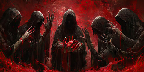 Infernal pact demonic cultists sealing a pact with blood.