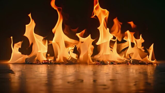A close-up photo of fire flames burning against a black background. The flames are orange and yellow and are reflected in the dark surface below.