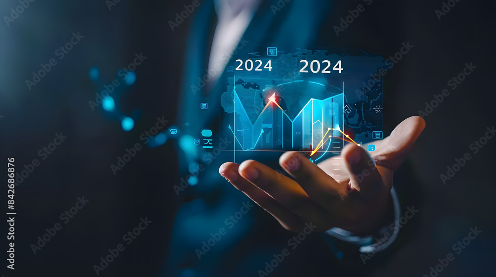 Poster businessman holding a virtual hologram icon of a growth graph and arrow up with the text 2024