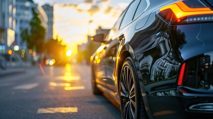 Sunset glow casting warm light on a modern black car parked on the street