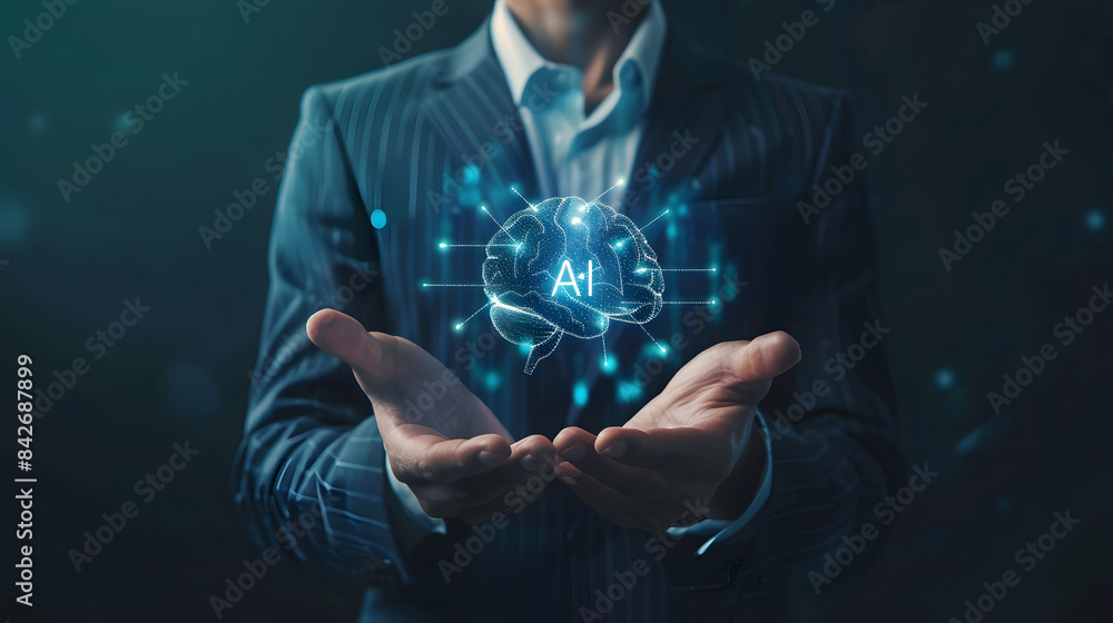 Poster businessman holding a virtual hologram of an ai brain with the text ai. concept for artificial intel