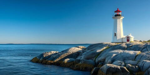 Standing tall on a rocky shore, a white lighthouse provides a striking contrast against the clear blue sky, ensuring the safety of ships during the day.
