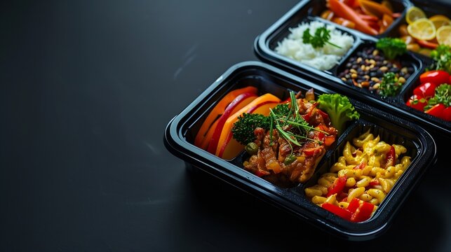 Catering food with healthy balanced diet delicious lunch box boxed take away deliver packed ready  meal in black container dinner meal brakfast : Generative AI