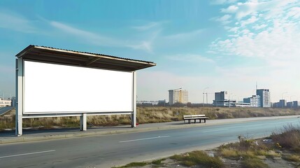 Obraz premium Vertical blank billboard on a city outskirts road bus stop, skyline in the distance.