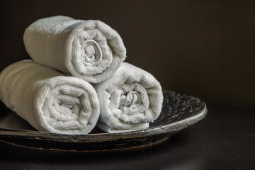 white towels on a black plate in a spa salon