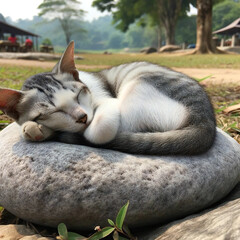 石の上で寝る猫[GenerativeAI]