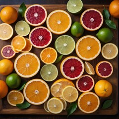 A close-up of fresh citrus fruits sliced in half, arranged on a wooden cutting board, with vibrant colors and textures.