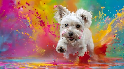 Maltese covered in paint and making a cute expression