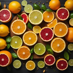 A close-up of fresh citrus fruits sliced in half, arranged on a wooden cutting board, with vibrant colors and textures.