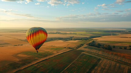 Obraz premium A colorful hot air balloon floating peacefully over a vast, open countryside, Generative AI
