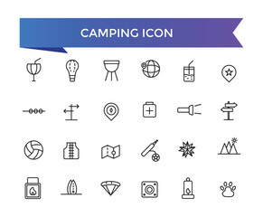 Camping icon collection. Camp, tent, fishing, nature, picnic table, forest, campfire, hiking and more. Vector Line icons set.
