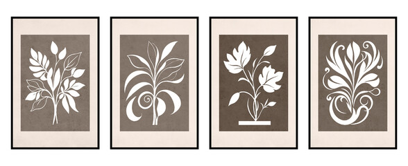 Set of 4 Printable botanical illustration. Rustic style home decor, wall decoration, picture in the frame. Grunge, vintage illustration. Generated by Ai