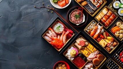 Japanese food of the New Year dishes tradition OSECHI Chinese character in an image means New Years Greetings : Generative AI