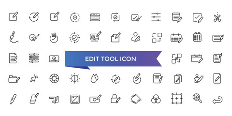 Edit tool icon collection. Related to editor, create, adjust, note, compose, revision, cut, duplicate, pen and document icons. Line icon set.