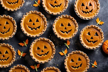 pies showcasing menacing visages skillfully carved into the crust.