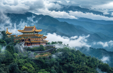 Monastery in China, with the surrounding mountain peaks shrouded in clouds and mist. The monastery is nestled on top of an ancient rocky peak surrounded by lush greenery - Powered by Adobe