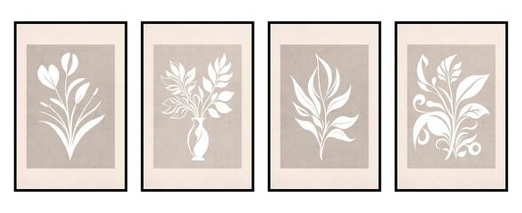 Set of 4 Printable botanical illustration. Rustic style home decor, wall decoration, picture in the frame. Grunge, vintage illustration. Generated by Ai