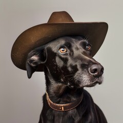 Black dog with brown cowboy hat on head