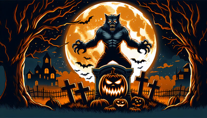 Halloween werewolf with graveyard theme