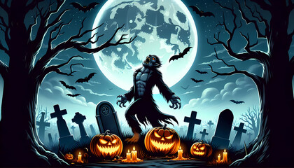 Halloween werewolf with graveyard theme