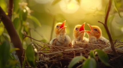 A trio of baby birds chirping in their nest.