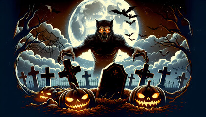 Halloween werewolf with graveyard theme