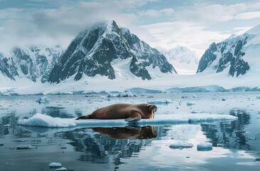 A walrus lounging on an ice floe in the Arctic Ocean, surrounded by snow-covered mountains and icy...