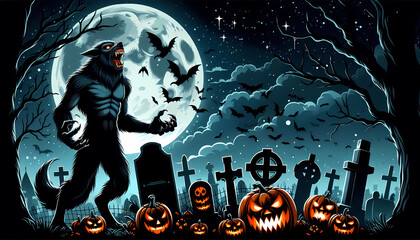 Halloween werewolf with graveyard theme