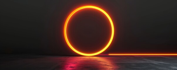 Glowing neon circle on dark concrete floor indicating a path. Futuristic abstract concept