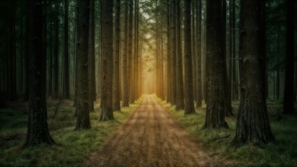 Obraz premium A dirt road winding through a dense forest