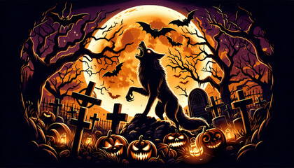 Halloween werewolf with graveyard theme