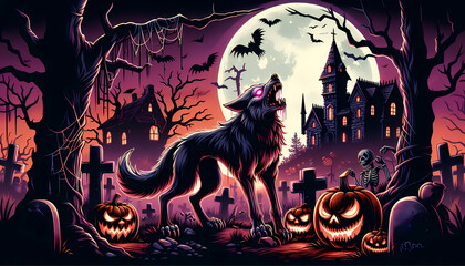 Halloween werewolf with graveyard theme