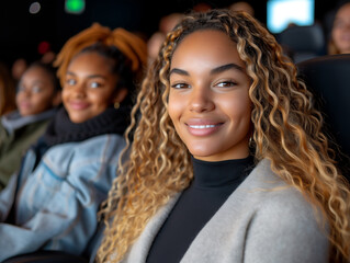 a young woman with long curly hair, smiling at the camera. She is seated among other young women, with soft lighting creating a warm and inviting atmosphere, they are attending an event or a show