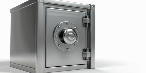 Shiny metal safe with a combination lock, featuring a sleek and sturdy design. The highly secure safe is made of polished stainless steel, with intricate locking mechanisms and a modern aesthetic..